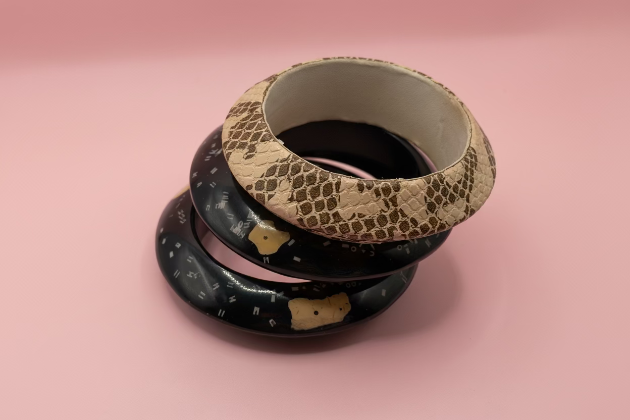 Vintage Snakeskin & Abstract Black Chunky Bangle Set - 3 Unique Bangles