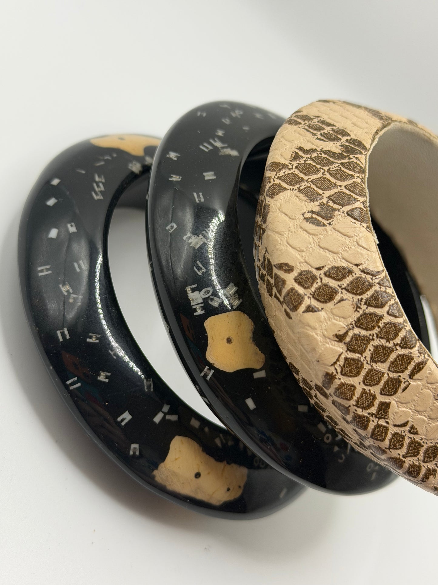 Vintage Snakeskin & Abstract Black Chunky Bangle Set - 3 Unique Bangles