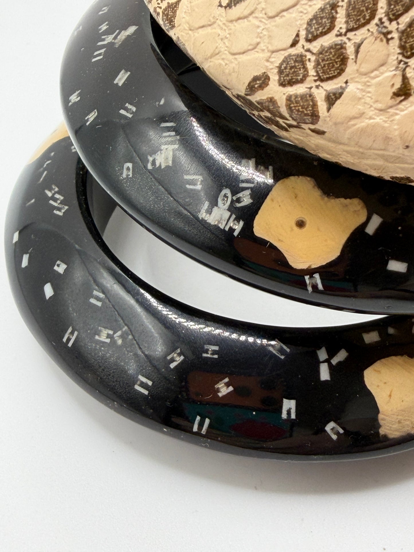 Vintage Snakeskin & Abstract Black Chunky Bangle Set - 3 Unique Bangles