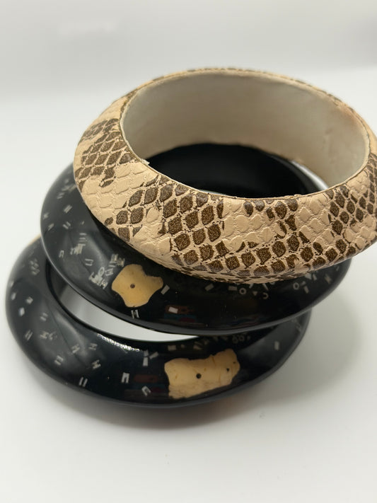 Vintage Snakeskin & Abstract Black Chunky Bangle Set - 3 Unique Bangles