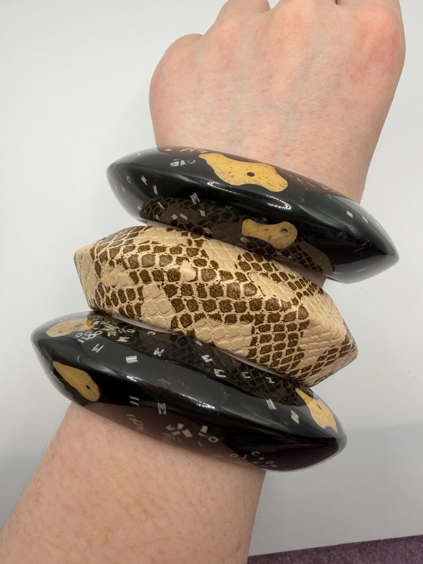 Vintage Snakeskin & Abstract Black Chunky Bangle Set - 3 Unique Bangles