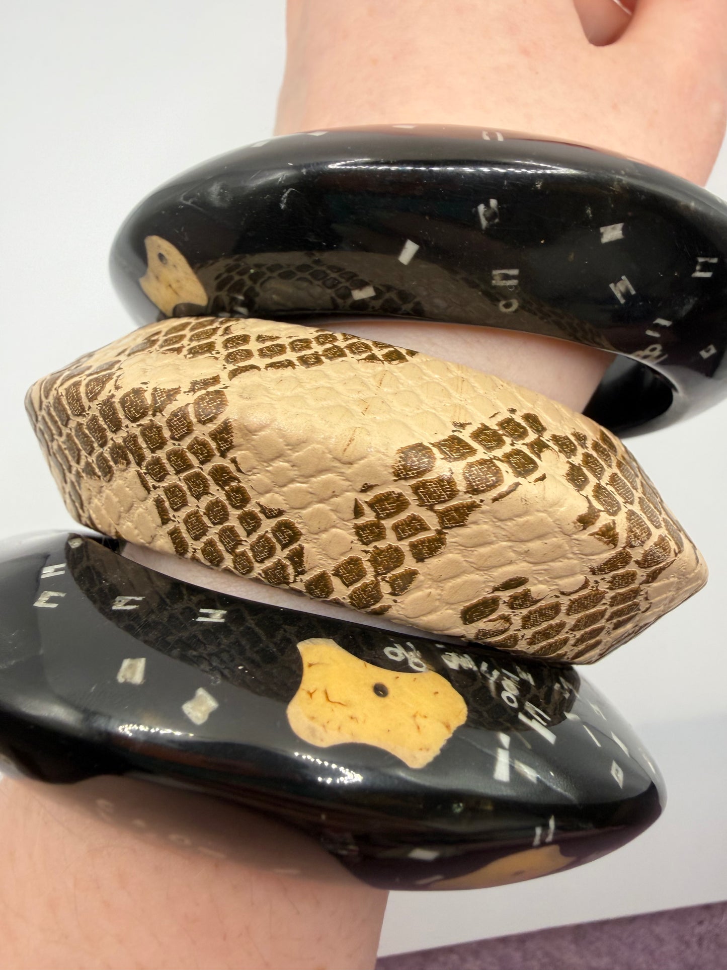 Vintage Snakeskin & Abstract Black Chunky Bangle Set - 3 Unique Bangles