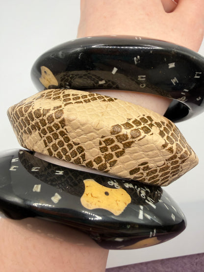 Vintage Snakeskin & Abstract Black Chunky Bangle Set - 3 Unique Bangles