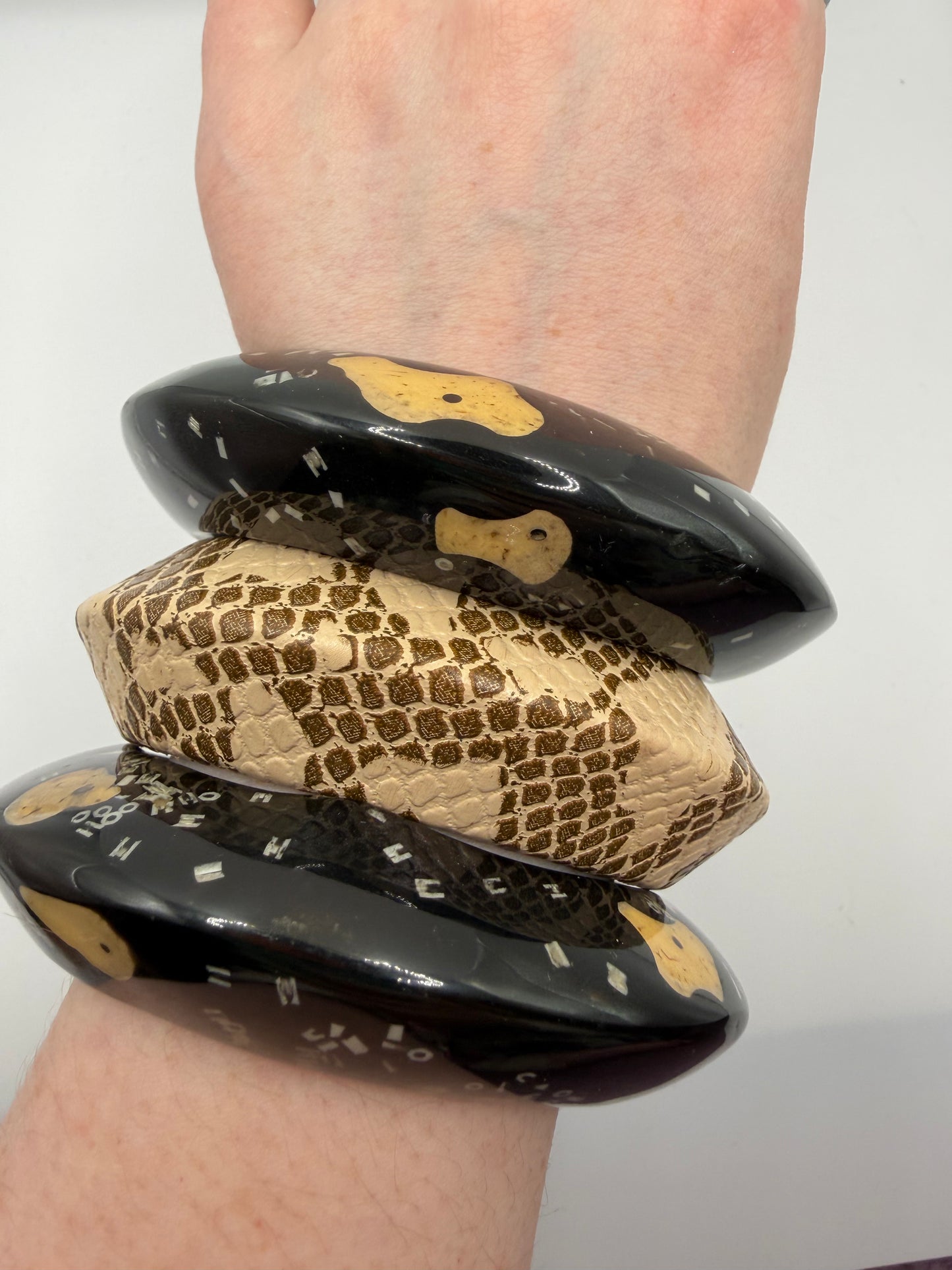 Vintage Snakeskin & Abstract Black Chunky Bangle Set - 3 Unique Bangles