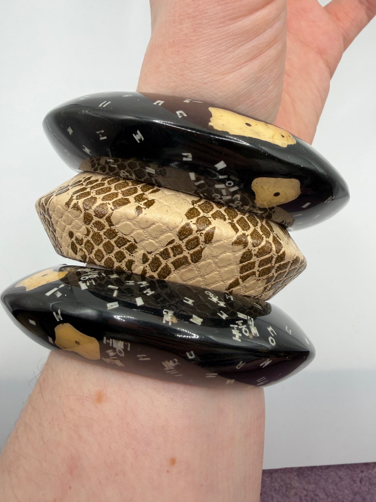 Vintage Snakeskin & Abstract Black Chunky Bangle Set - 3 Unique Bangles