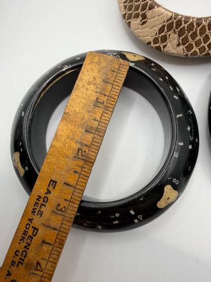 Vintage Snakeskin & Abstract Black Chunky Bangle Set - 3 Unique Bangles