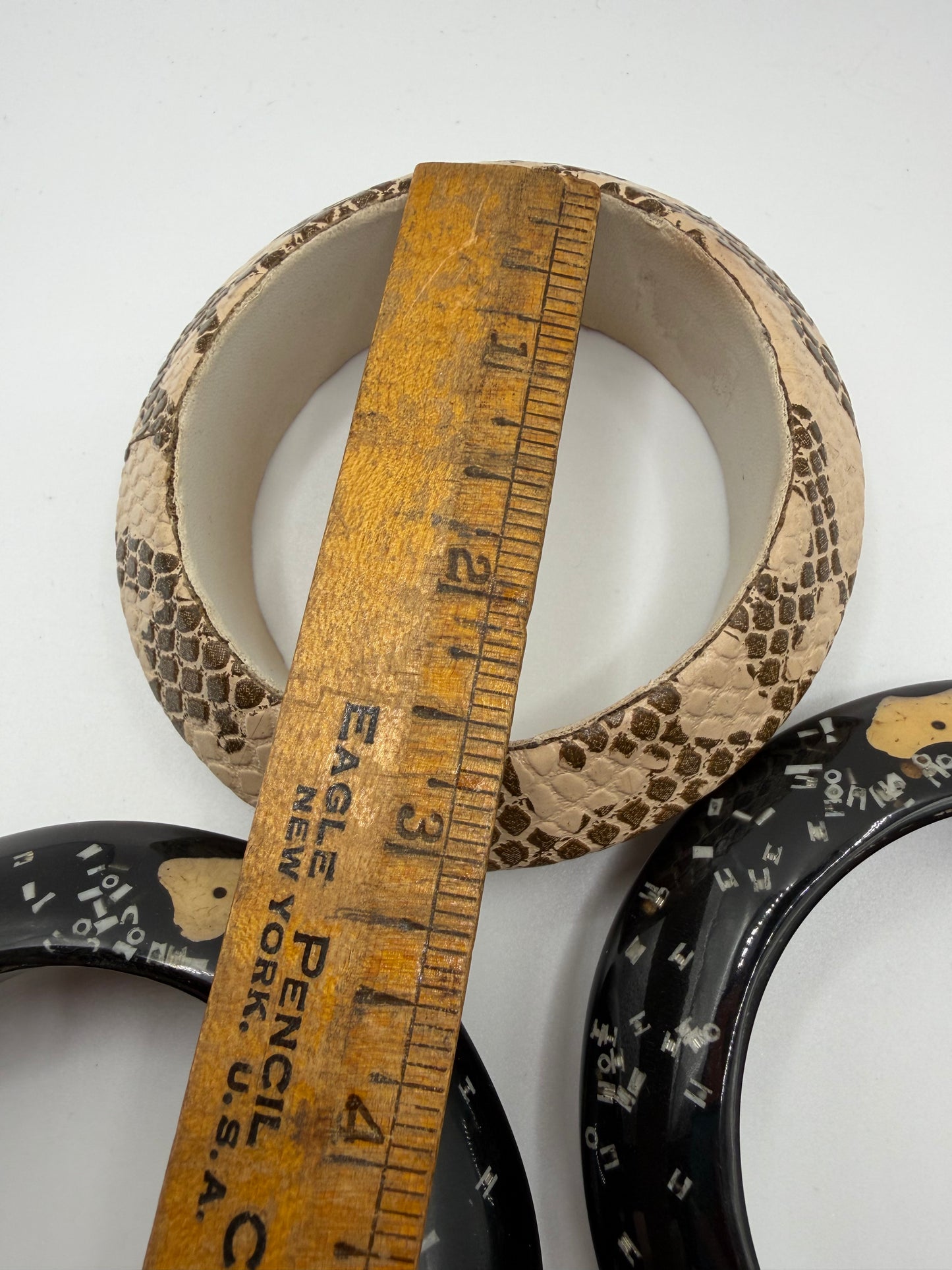 Vintage Snakeskin & Abstract Black Chunky Bangle Set - 3 Unique Bangles