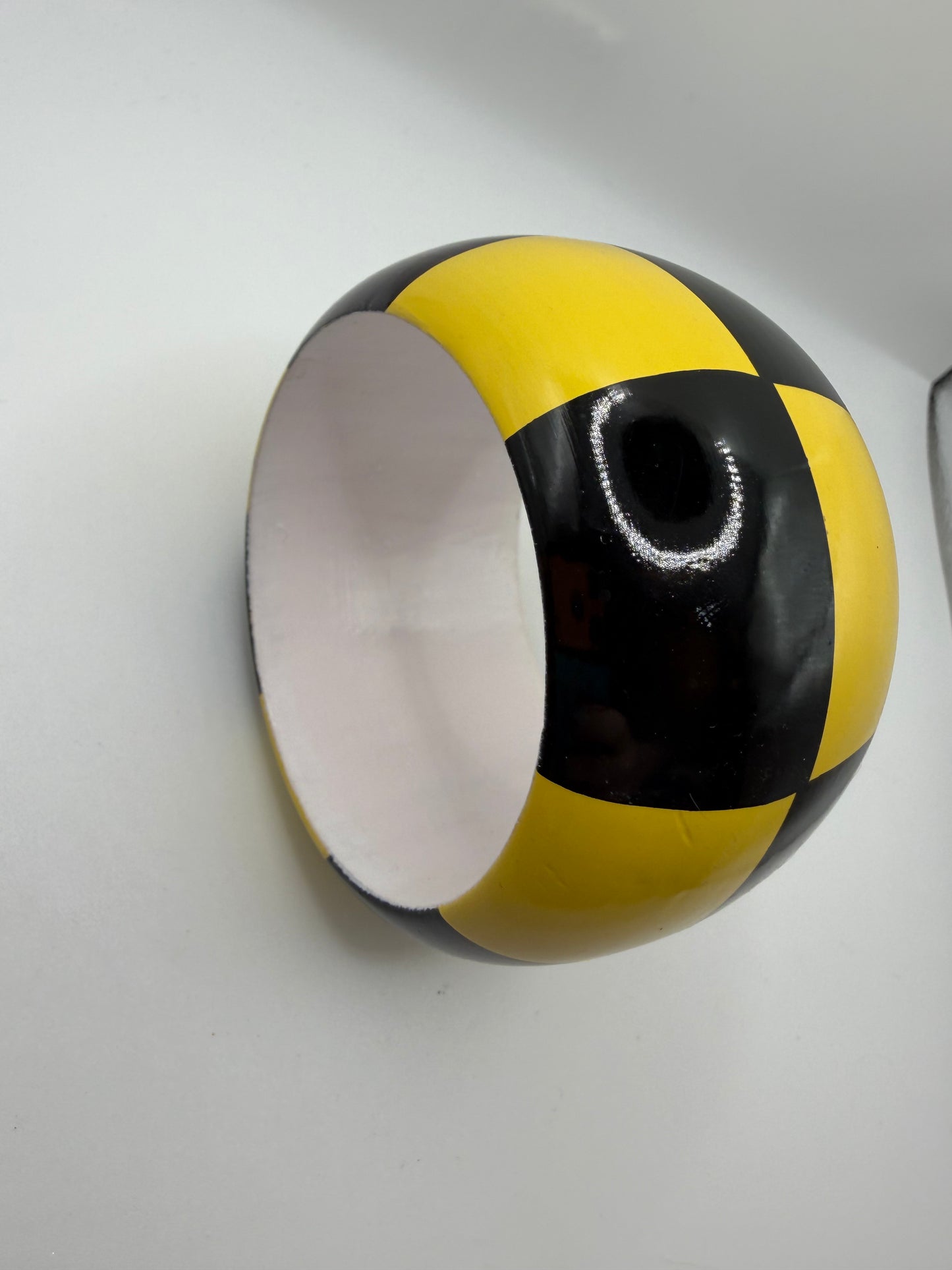 Vintage Yellow & Black Checkerboard Chunky Wooden Bangle