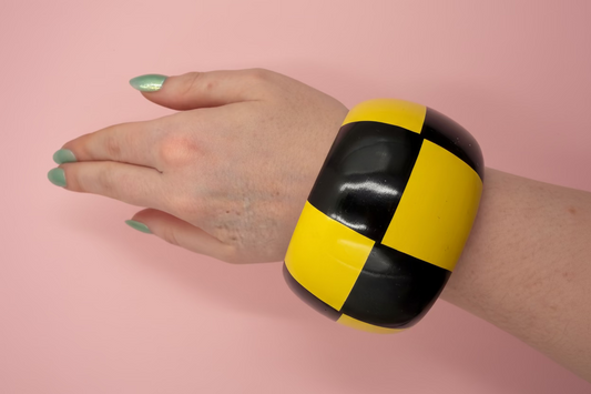 Vintage Yellow & Black Checkerboard Chunky Wooden Bangle