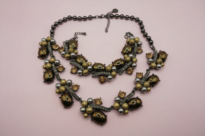 Vintage Golden Caramel Cabochon Rhinestone Necklace & Bracelet Set