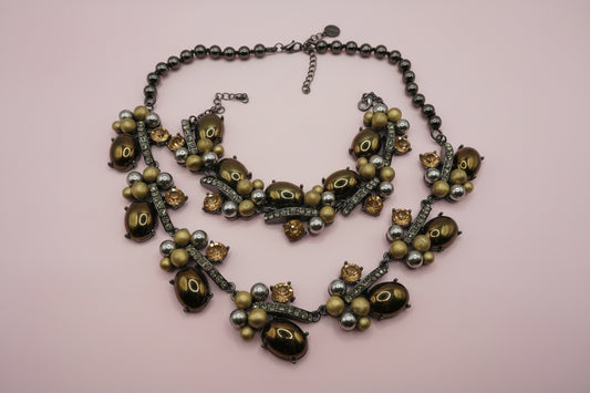 Vintage Golden Caramel Cabochon Rhinestone Necklace & Bracelet Set