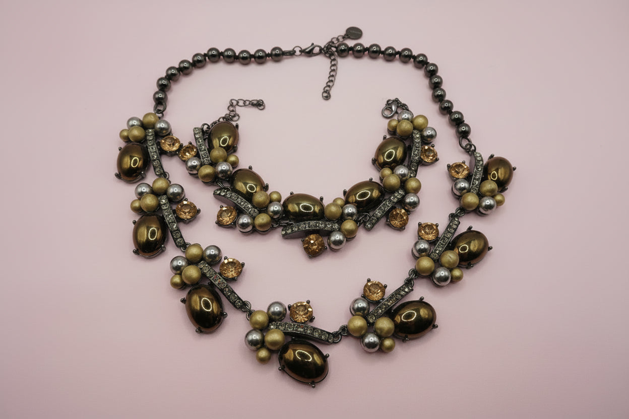 Vintage Golden Caramel Cabochon Rhinestone Necklace & Bracelet Set