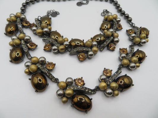 Vintage Golden Caramel Cabochon Rhinestone Necklace & Bracelet Set