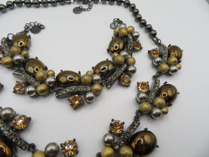Vintage Golden Caramel Cabochon Rhinestone Necklace & Bracelet Set