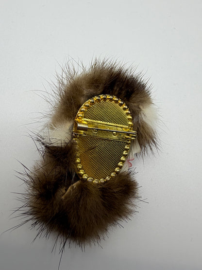 Vintage Furry Lady Faces Brooch Set - 2 Unique Brooches