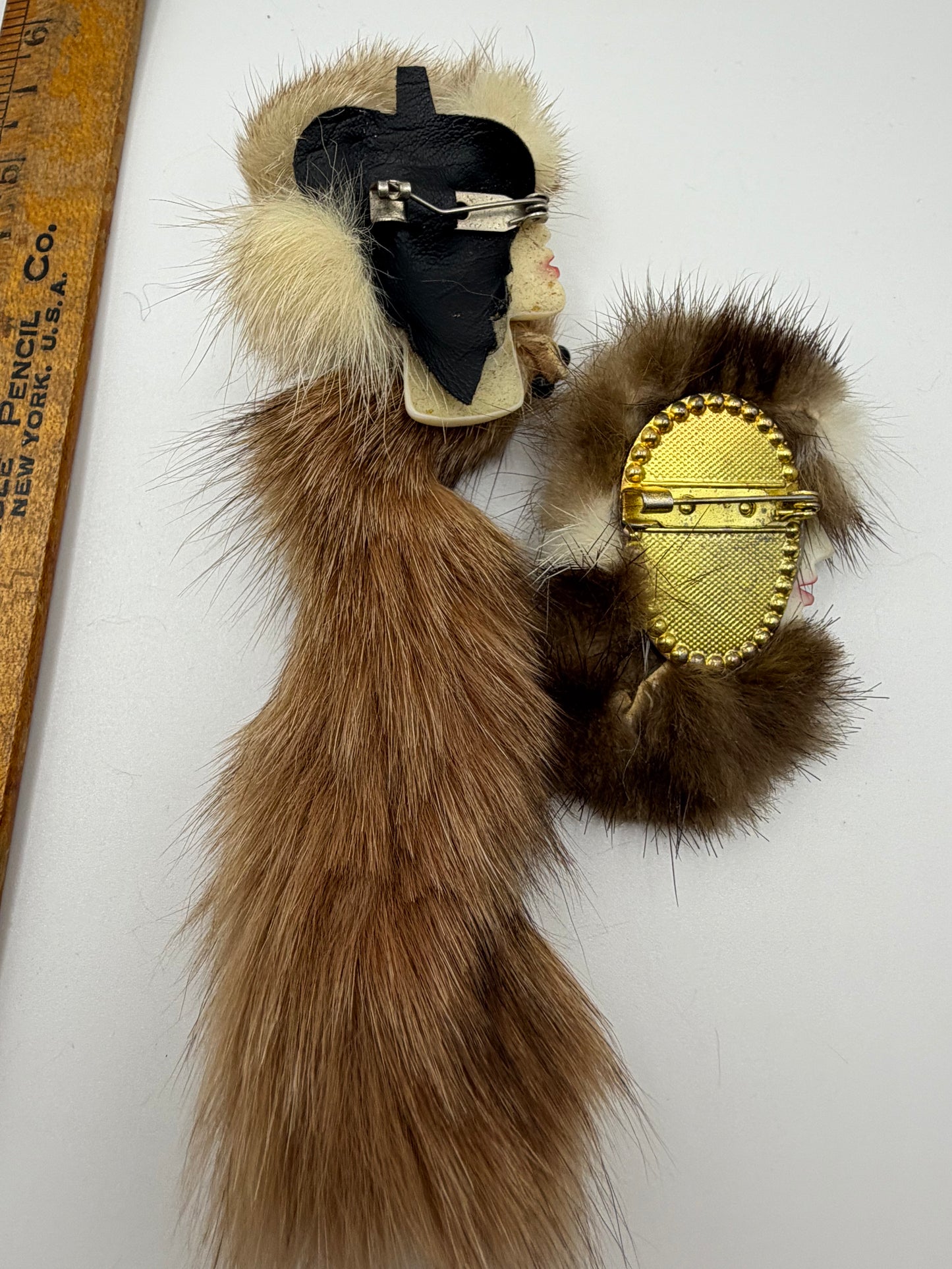 Vintage Furry Lady Faces Brooch Set - 2 Unique Brooches
