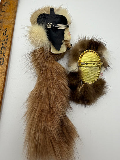 Vintage Furry Lady Faces Brooch Set - 2 Unique Brooches