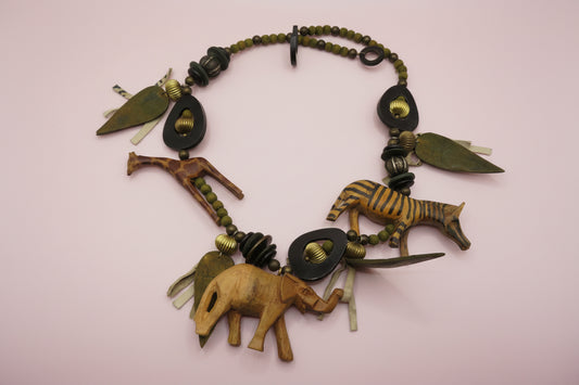 Vintage Massive Wooden Animal Charm Necklace
