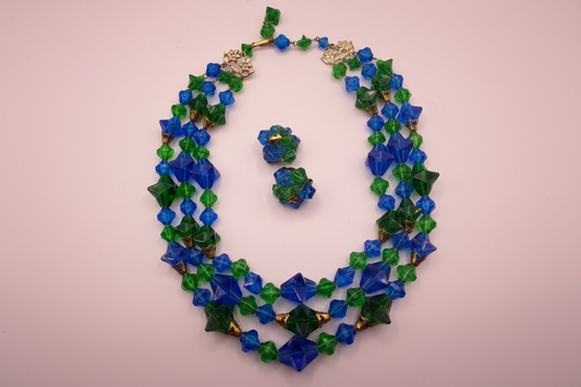 Vintage Rare West Germany Blue Green Stars Beaded Necklace & Earrings Set