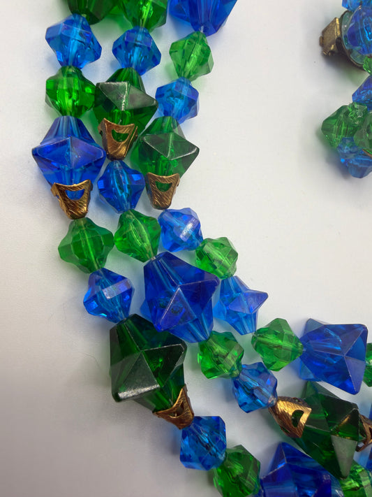 Vintage Rare West Germany Blue Green Stars Beaded Necklace & Earrings Set