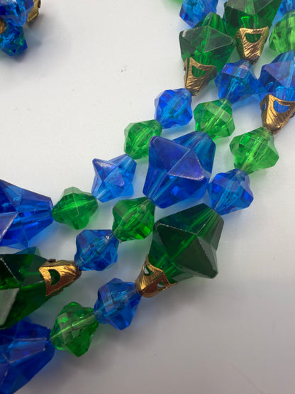 Vintage Rare West Germany Blue Green Stars Beaded Necklace & Earrings Set