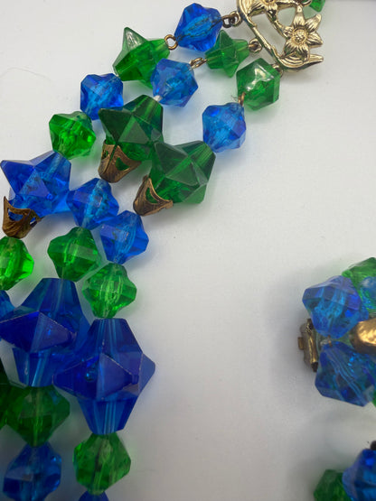 Vintage Rare West Germany Blue Green Stars Beaded Necklace & Earrings Set