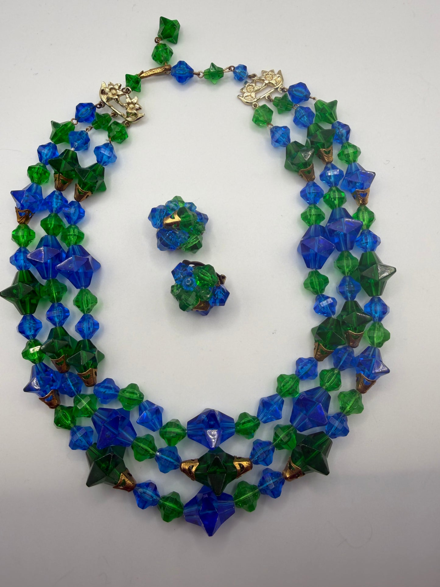 Vintage Rare West Germany Blue Green Stars Beaded Necklace & Earrings Set