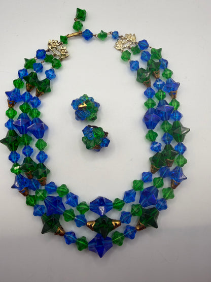 Vintage Rare West Germany Blue Green Stars Beaded Necklace & Earrings Set