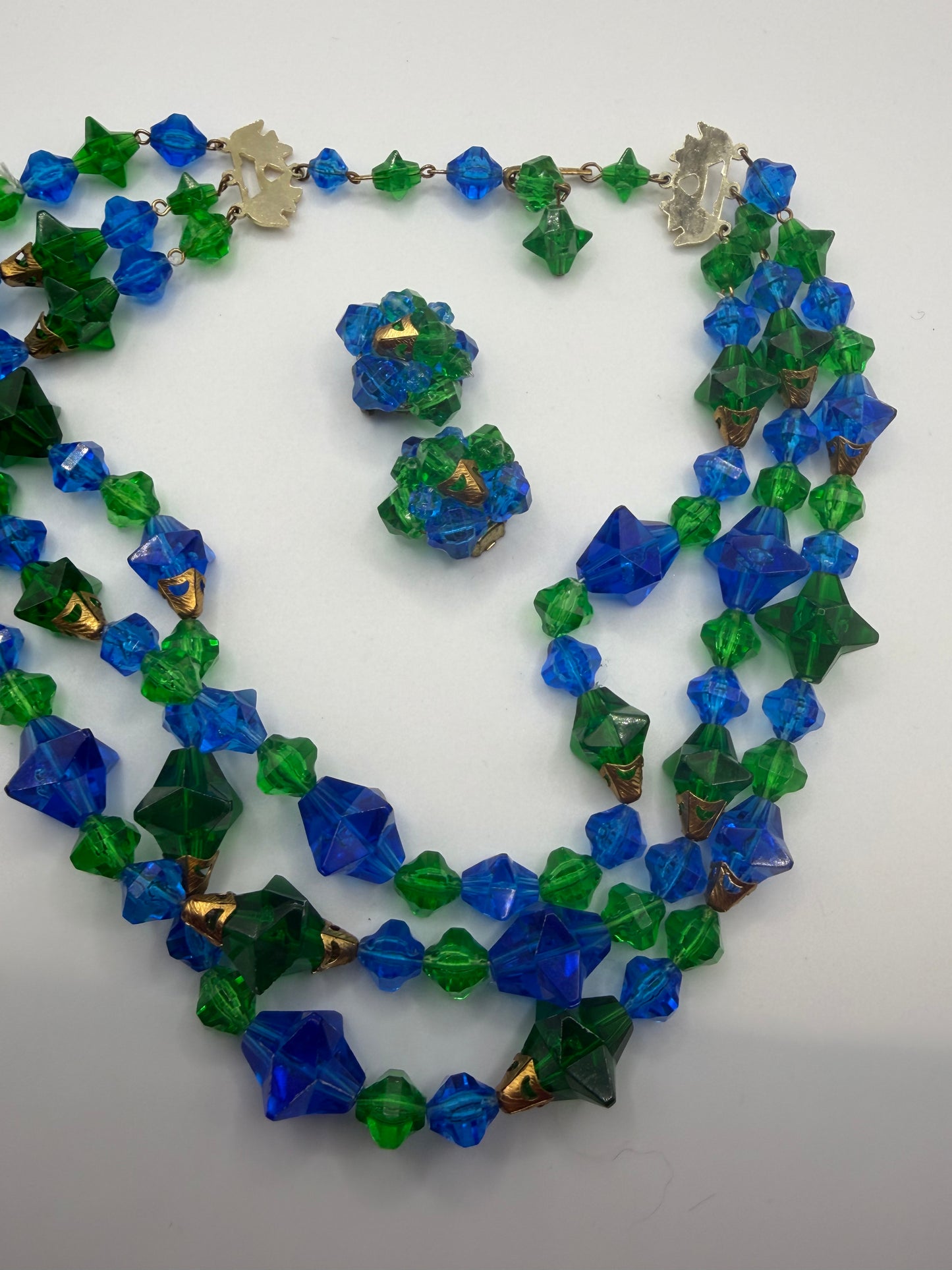 Vintage Rare West Germany Blue Green Stars Beaded Necklace & Earrings Set