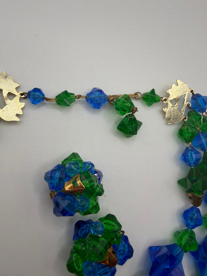 Vintage Rare West Germany Blue Green Stars Beaded Necklace & Earrings Set