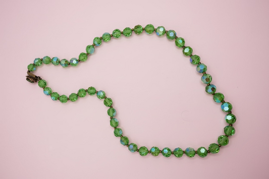Vintage Midcentury Lime Green Aurora Borealis Crystal Necklace w/ Decorative Clasp