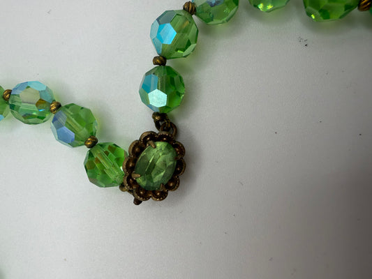Vintage Midcentury Lime Green Aurora Borealis Crystal Necklace w/ Decorative Clasp
