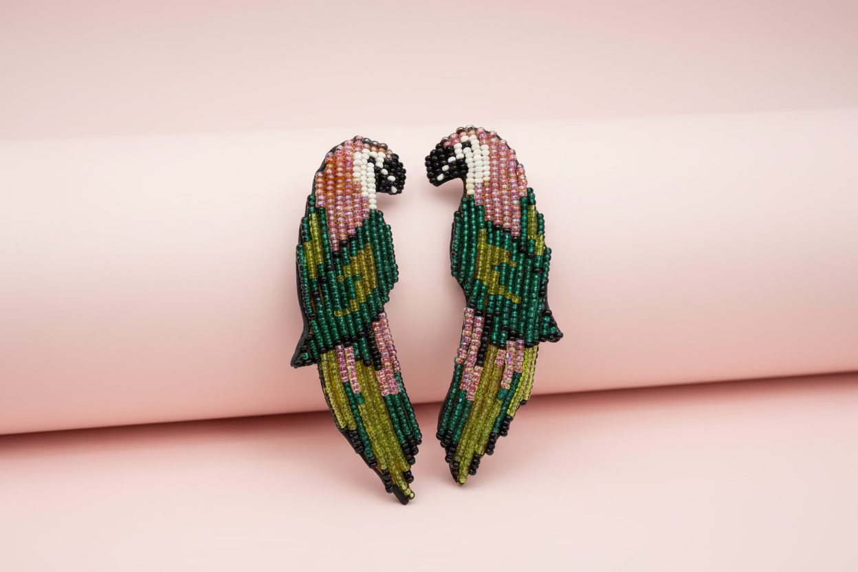 Vintage '90s Oversized Beaded Macaw Bird Clip On Earrings