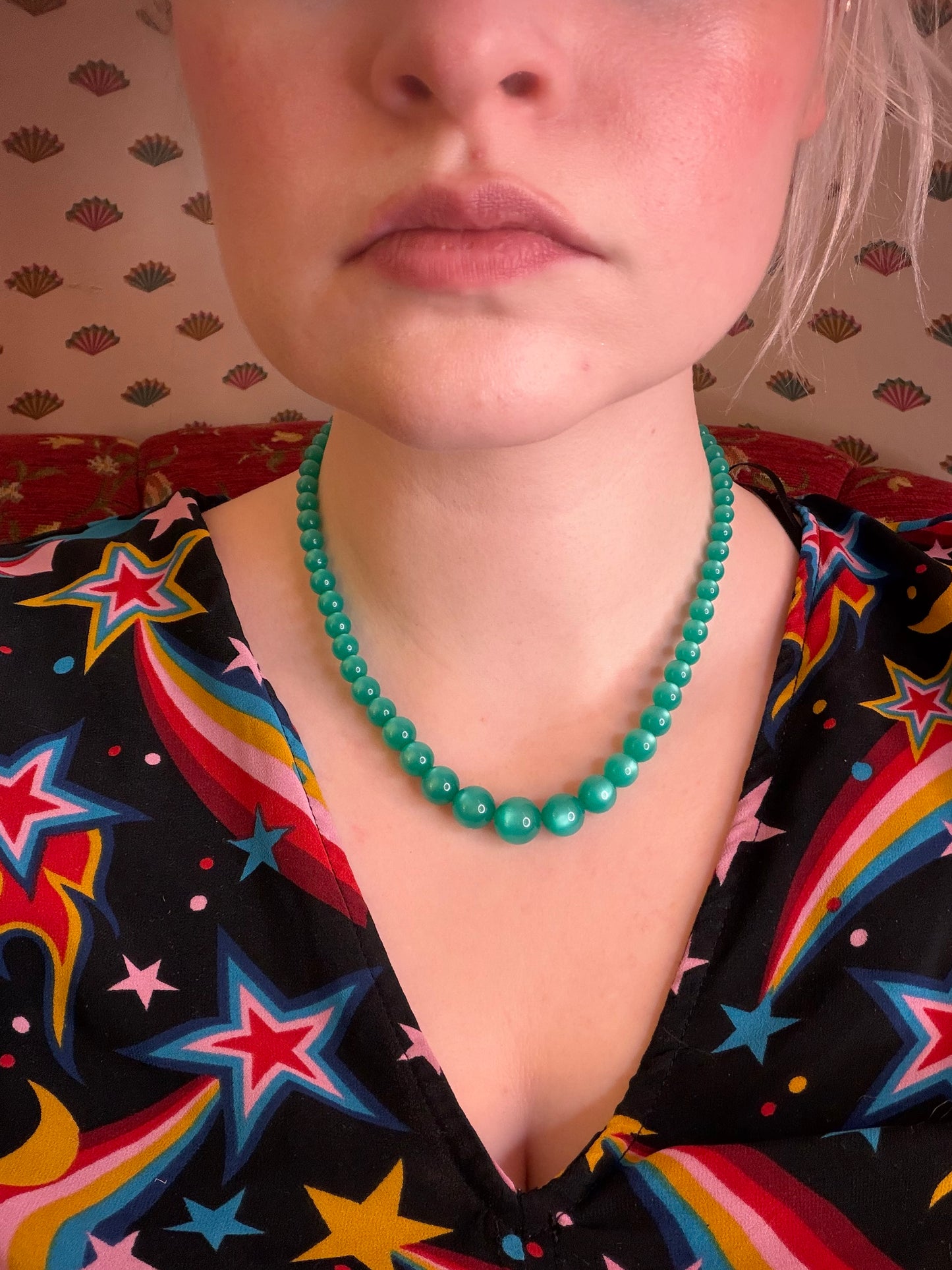 Vintage Midcentury Moonglow Vivid Green Jade Necklace