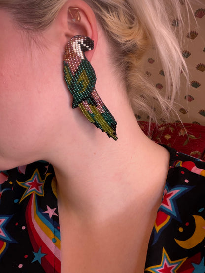 Vintage '90s Oversized Beaded Macaw Bird Clip On Earrings