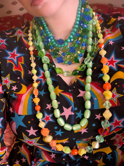 Vintage Rare West Germany Blue Green Stars Beaded Necklace & Earrings Set