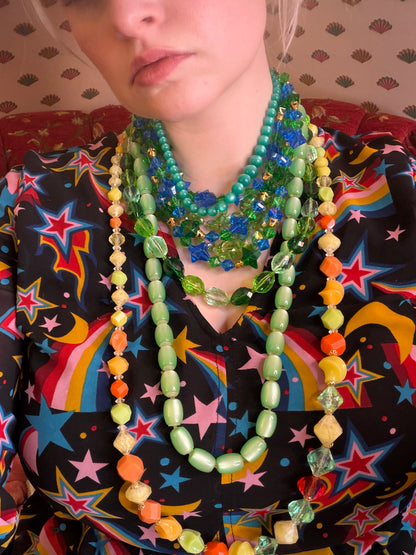 Vintage Rare West Germany Blue Green Stars Beaded Necklace & Earrings Set