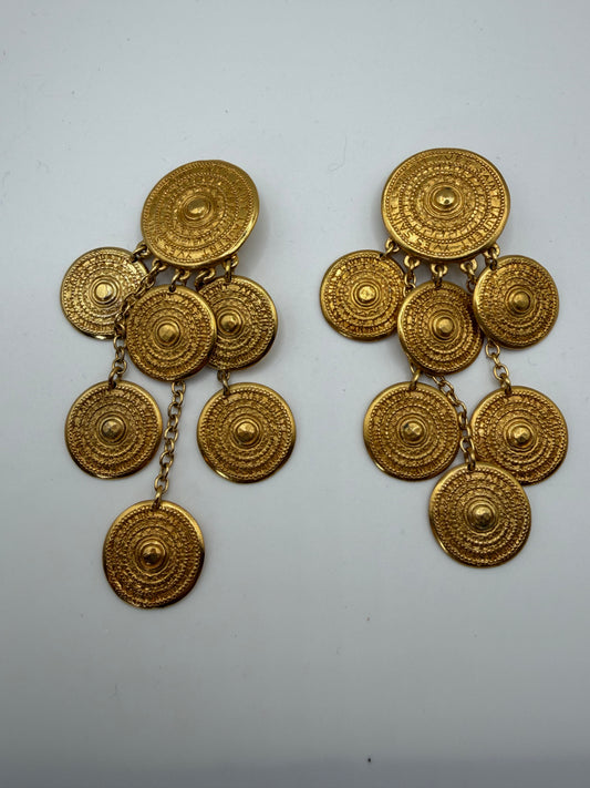 Vintage Yves Saint Laurent Byzantine Dangle Gold Coin Clip On Earrings