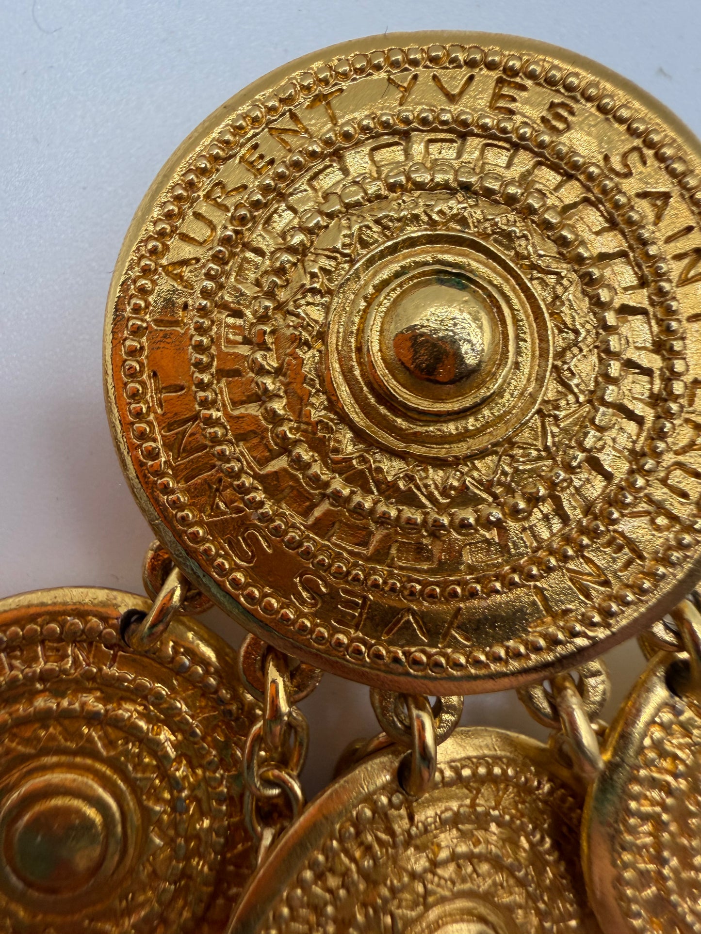 Vintage Yves Saint Laurent Byzantine Dangle Gold Coin Clip On Earrings