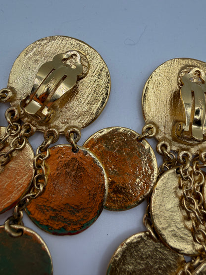 Vintage Yves Saint Laurent Byzantine Dangle Gold Coin Clip On Earrings
