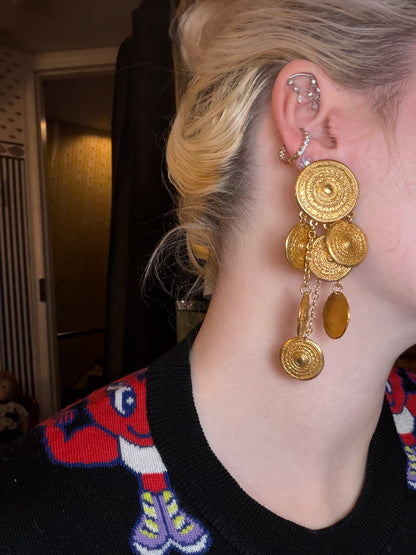 Vintage Yves Saint Laurent Byzantine Dangle Gold Coin Clip On Earrings