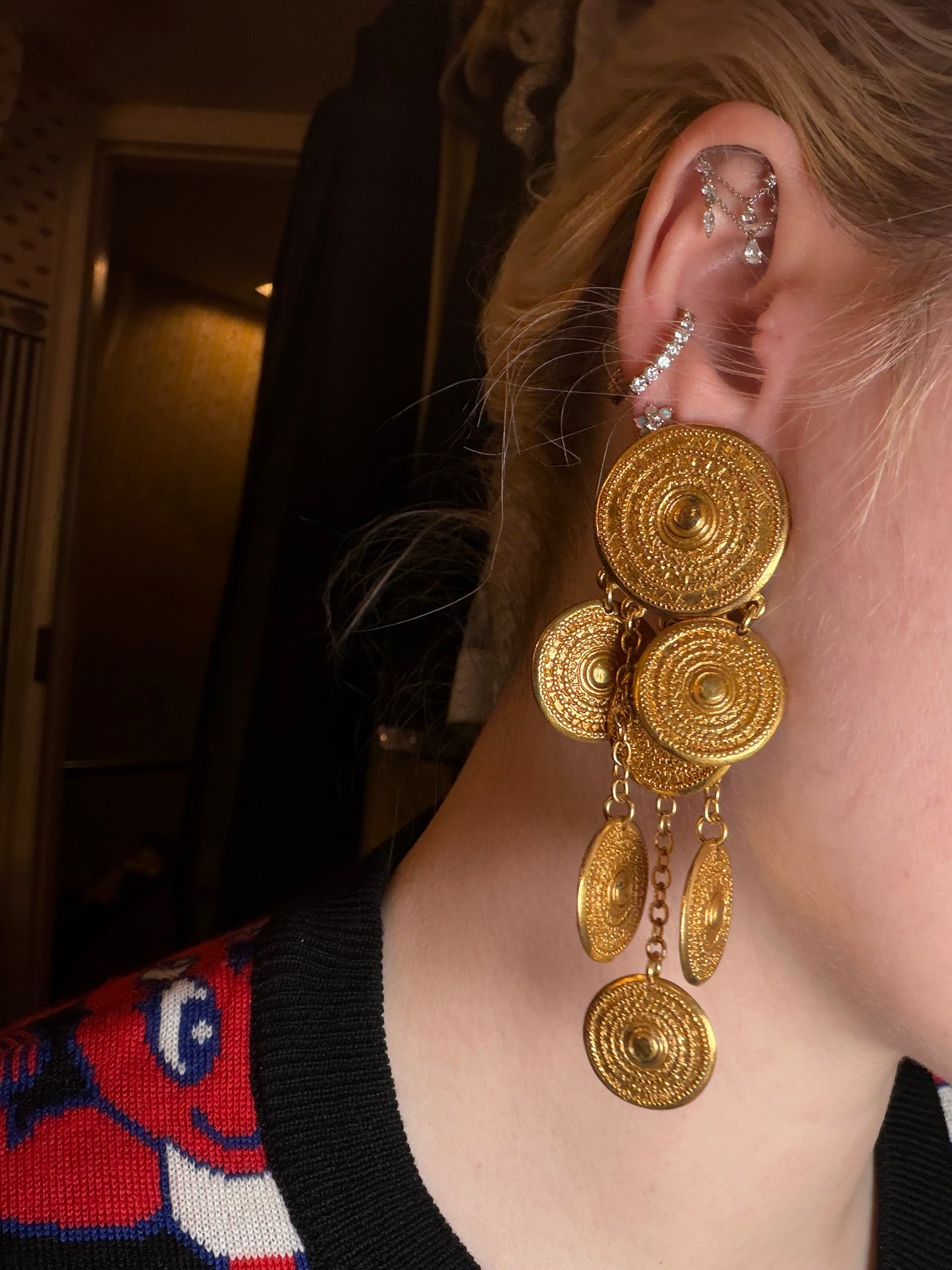Vintage Yves Saint Laurent Byzantine Dangle Gold Coin Clip On Earrings