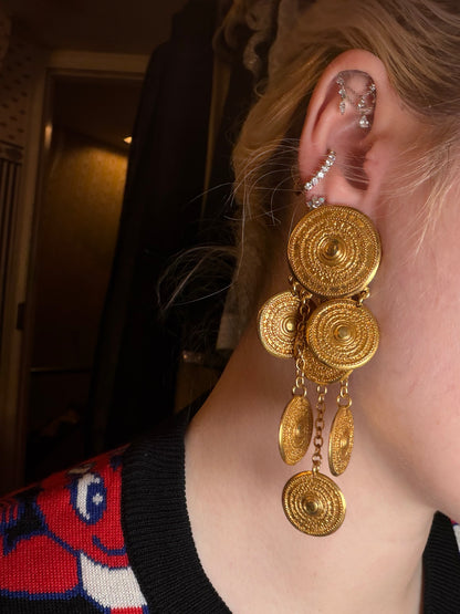 Vintage Yves Saint Laurent Byzantine Dangle Gold Coin Clip On Earrings