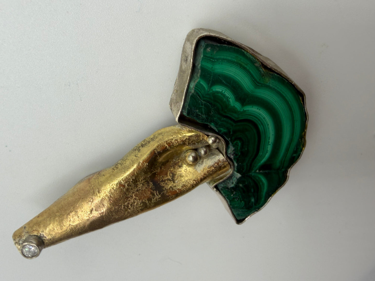 Vintage Valerie Thomas 18K Gold, Argentium, Malachite & Diamond Pendant