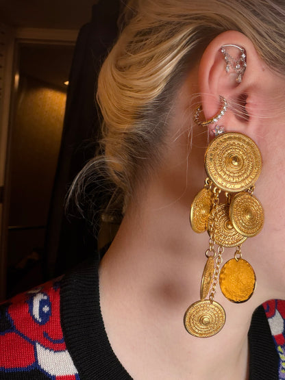 Vintage Yves Saint Laurent Byzantine Dangle Gold Coin Clip On Earrings