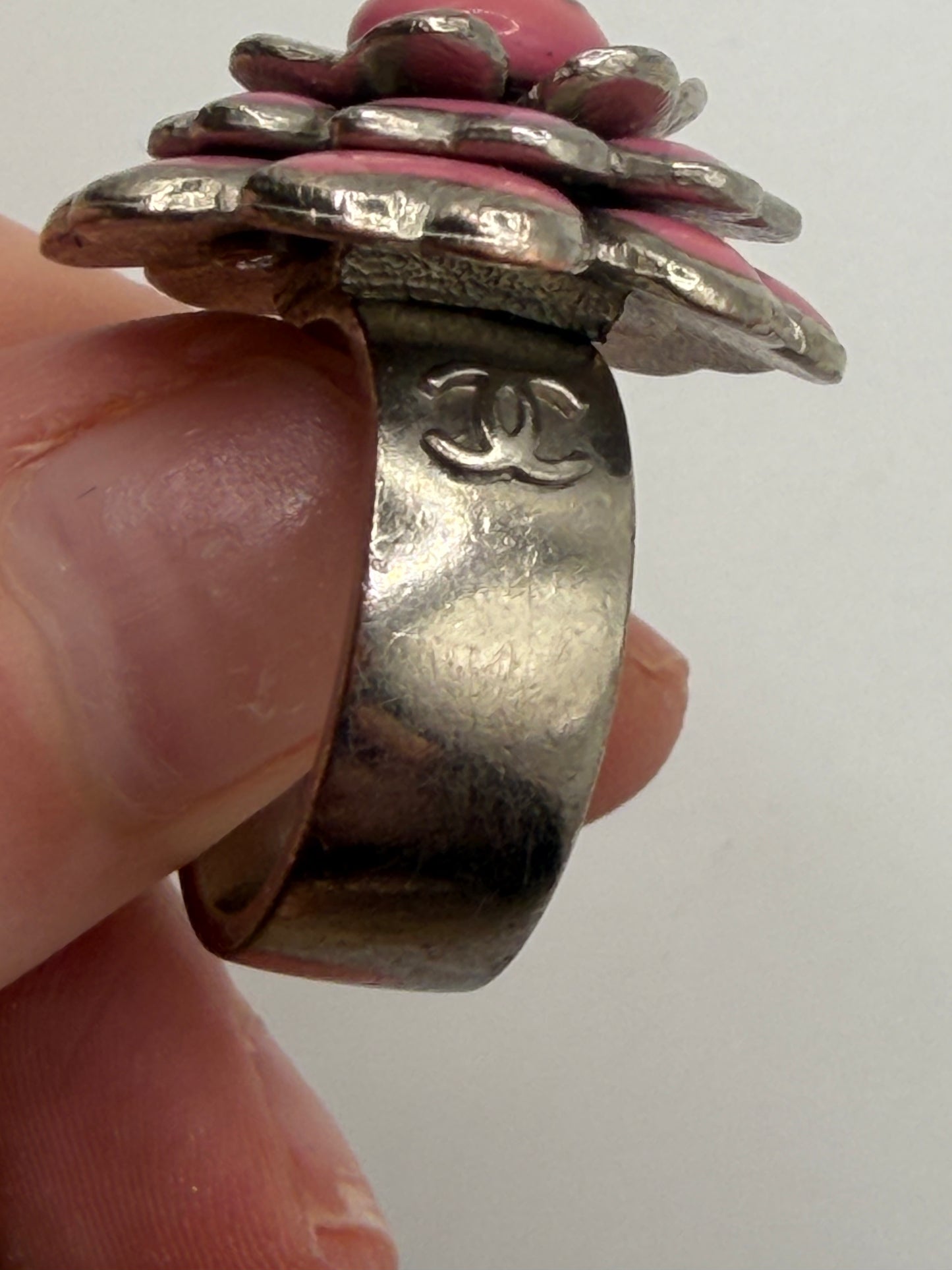 Vintage Chanel Baby Pink Double C Camellia Flower Ring