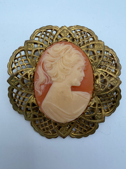 Vintage Rare Pink Miriam Haskell Cameo Flower Brooch