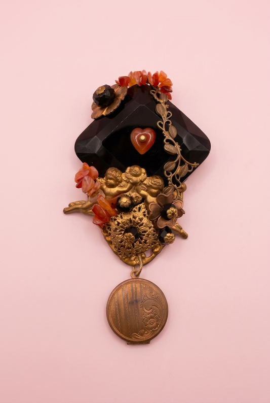 Vintage Sarah Jane Victorian Revival Cherub & Locket Statement Brooch