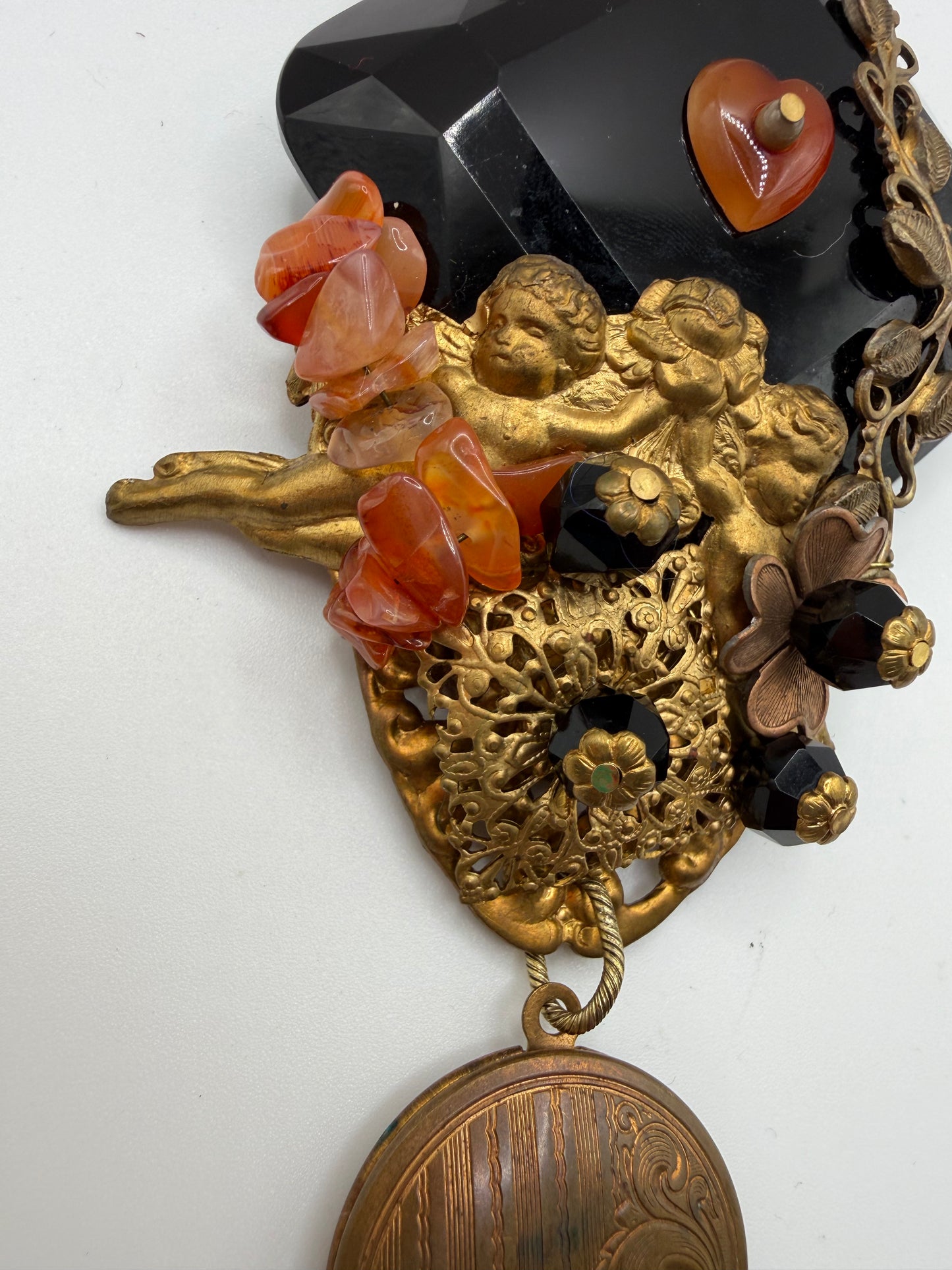 Vintage Sarah Jane Victorian Revival Cherub & Locket Statement Brooch