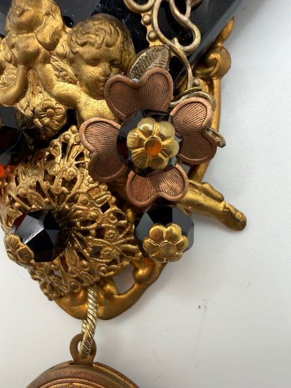 Vintage Sarah Jane Victorian Revival Cherub & Locket Statement Brooch